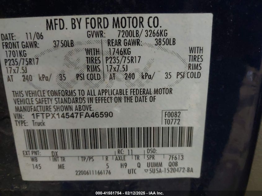 2007 Ford F-150 Fx4/Lariat/Xl/Xlt VIN: 1FTPX14547FA46590 Lot: 41551754