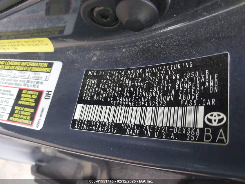 2016 TOYOTA COROLLA VIN: 5YFBURHE1GP432923