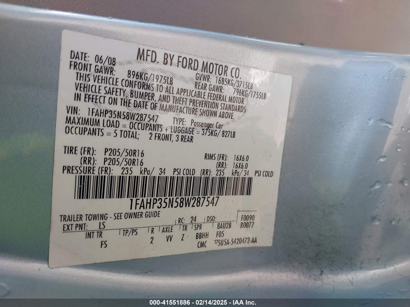 2008 FORD FOCUS VIN: 1FAHP35N58W287547