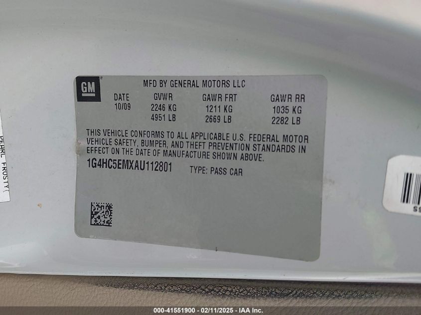 2010 Buick Lucerne Cxl VIN: 1G4HC5EMXAU112801 Lot: 41551900