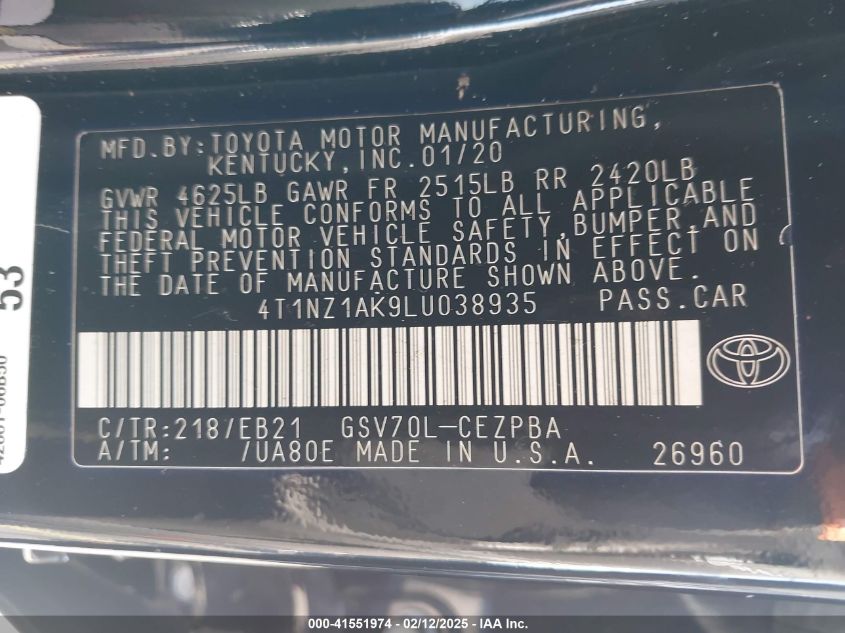 2020 Toyota Camry Trd VIN: 4T1NZ1AK9LU038935 Lot: 41551974