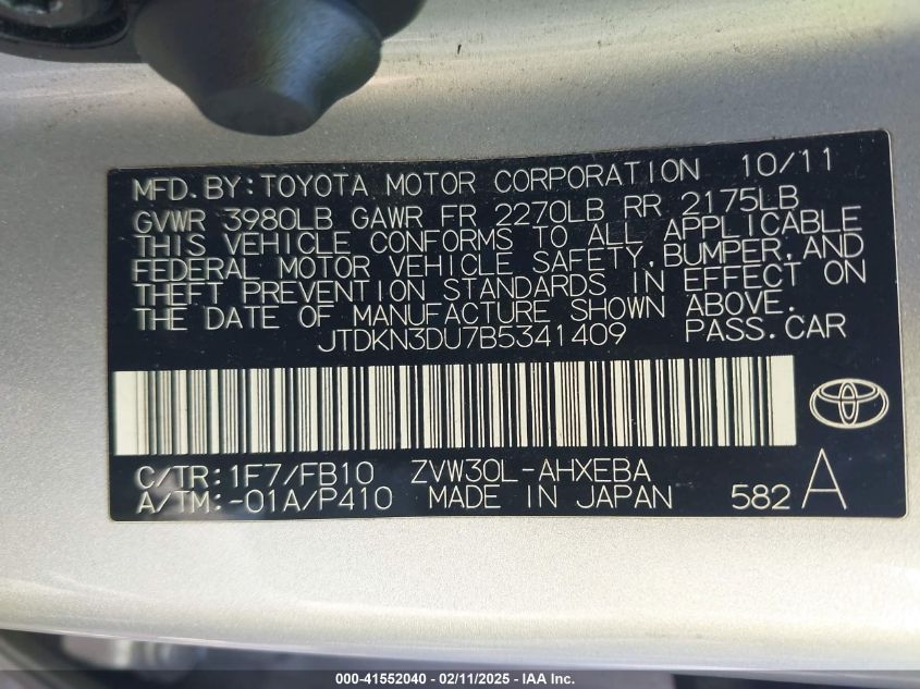 2011 Toyota Prius VIN: JTDKN3BU7B5341409 Lot: 41552040