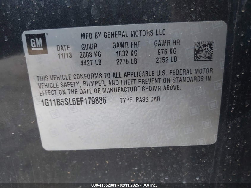 2014 CHEVROLET MALIBU VIN: 1G11B5SL6EF179886