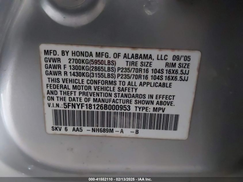 2006 Honda Pilot Lx VIN: 5FNYF18126B000953 Lot: 41552110