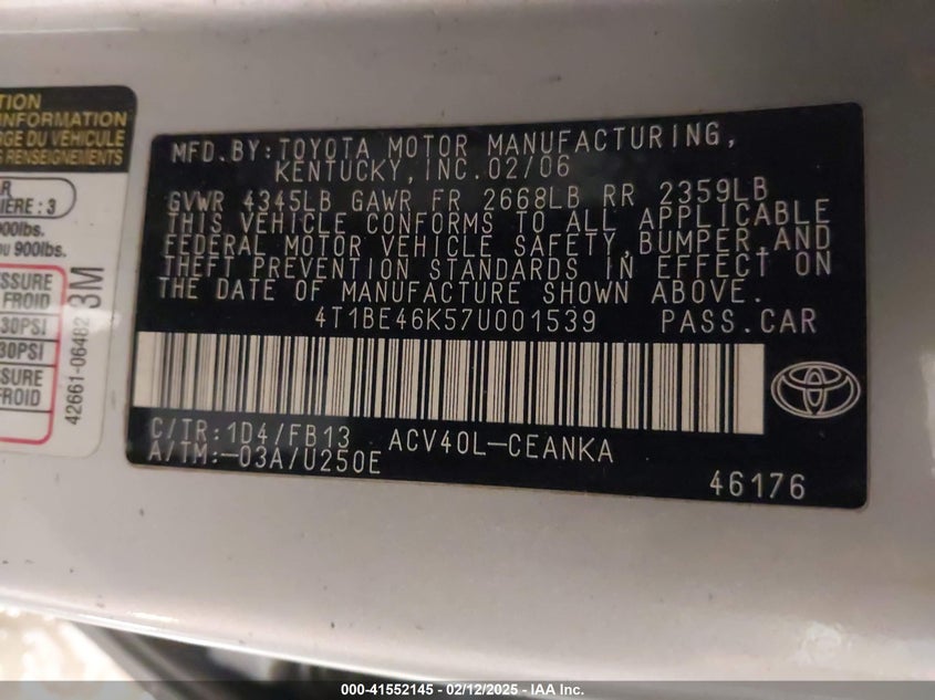 2007 TOYOTA CAMRY VIN: 4T1BE46K57U001539
