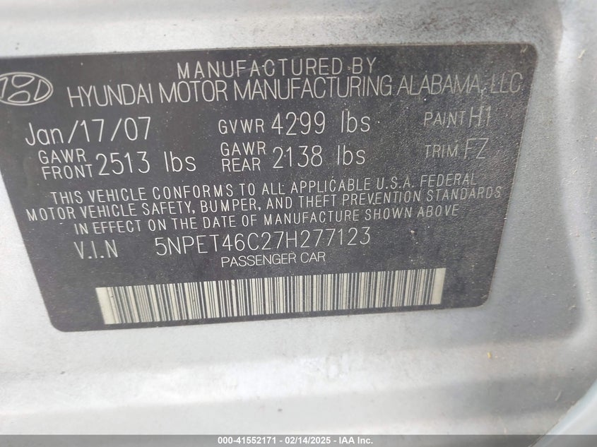2007 HYUNDAI SONATA VIN: 5NPET46C27H277123