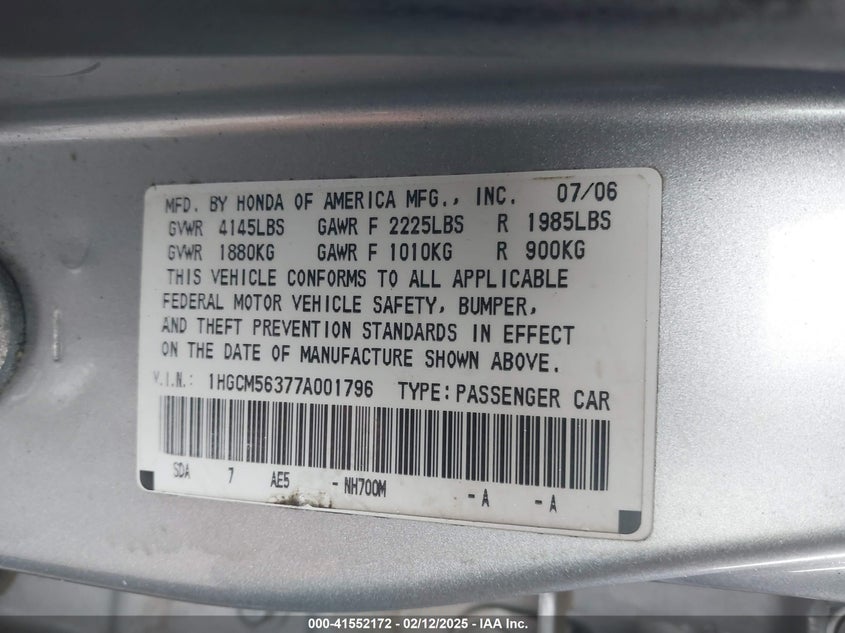 2007 HONDA ACCORD VIN: 1HGCM56377A001796