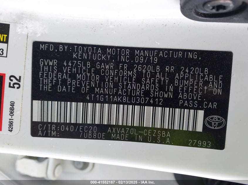 2020 TOYOTA CAMRY VIN: 4T1G11AK8LU307412