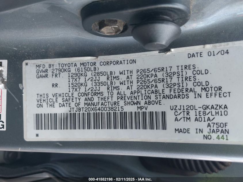2004 Lexus Gx 470 VIN: JTJBT20X640038215 Lot: 41552198