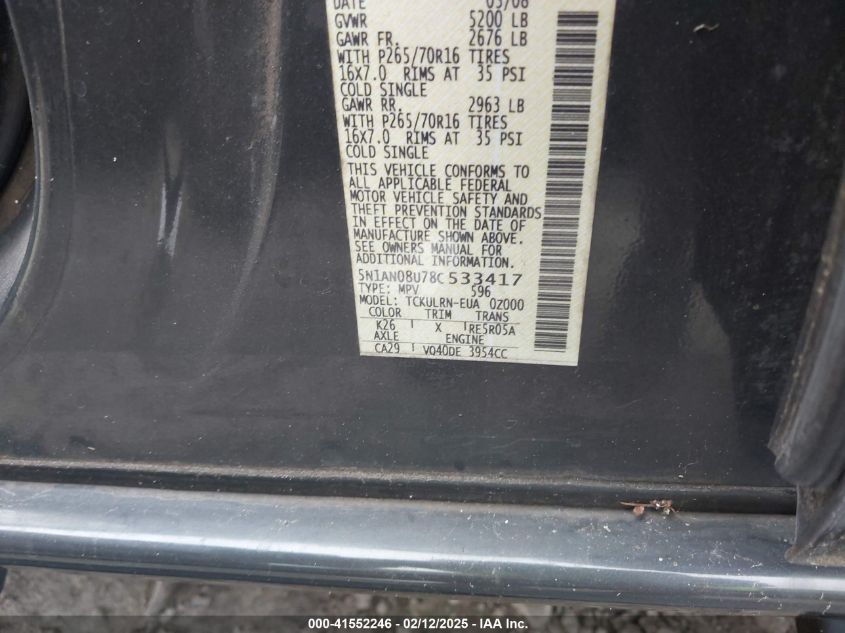 2008 Nissan Xterra S VIN: 5N1AN08U78C533417 Lot: 41552246