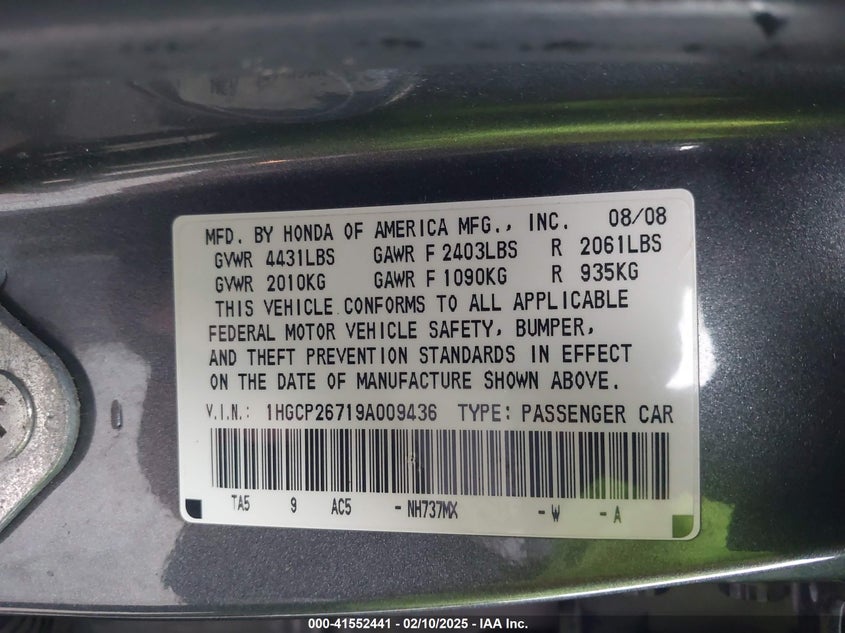 2009 HONDA ACCORD VIN: 1HGCP26719A009436