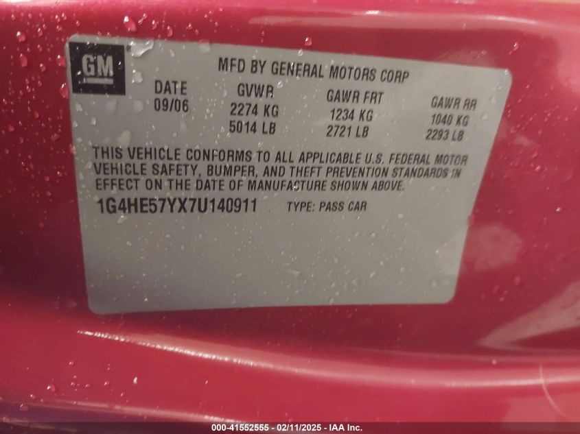 2007 Buick Lucerne Cxs VIN: 1G4HE57YX7U140911 Lot: 41552555