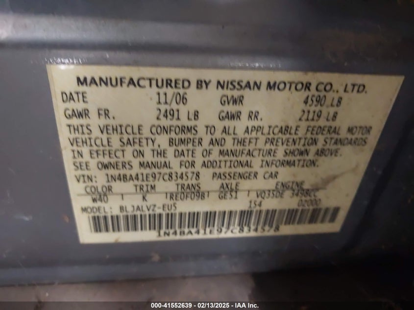 2007 NISSAN MAXIMA VIN: 1N4BA41E97C834578