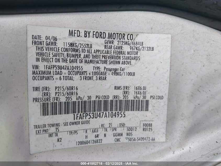 2007 FORD TAURUS VIN: 1FAFP53U47A104955