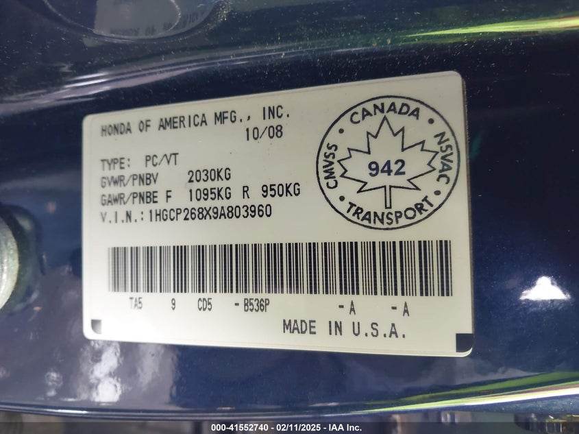 2009 Honda Accord 2.4 Ex-L VIN: 1HGCP268X9A803960 Lot: 41552740