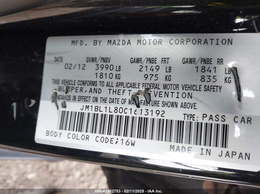 2012 MAZDA MAZDA3 VIN: JM1BL1L80C1613192