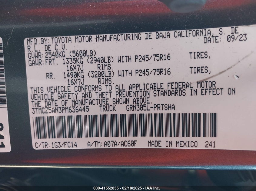 VIN 3TMCZ5AN3PM636445 2023 TOYOTA TACOMA SR5 V6
