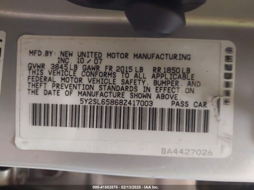 2008 Pontiac Vibe VIN: 5Y2SL65868Z417003 Lot: 41552878