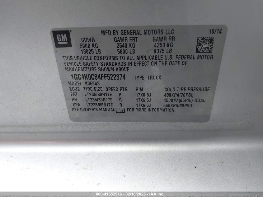 2015 Chevrolet Silverado 3500Hd Ltz VIN: 1GC4K0C84FF522374 Lot: 41552916