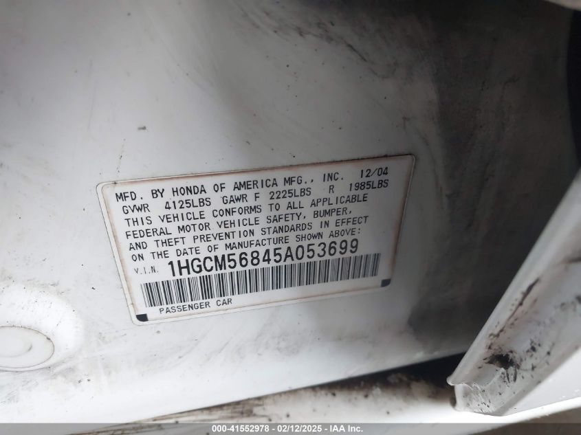 2005 Honda Accord 2.4 Ex VIN: 1HGCM56845A053699 Lot: 41552978