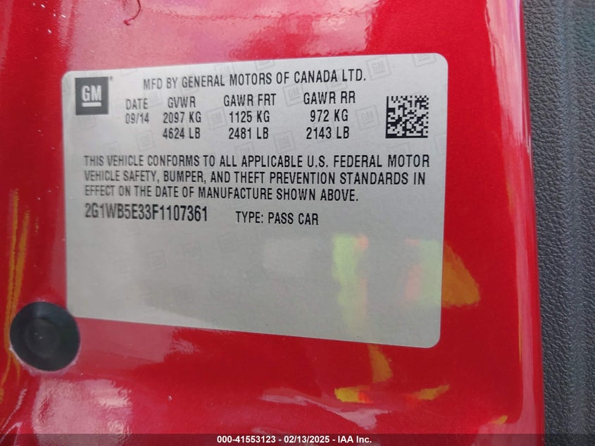 2015 CHEVROLET IMPALA LIMITED VIN: 2G1WB5E33F1107361