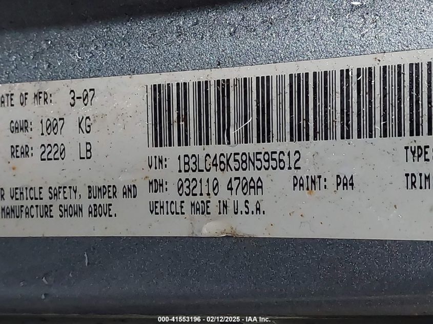 2008 Dodge Avenger VIN: 1B31C46K589595612 Lot: 41553196