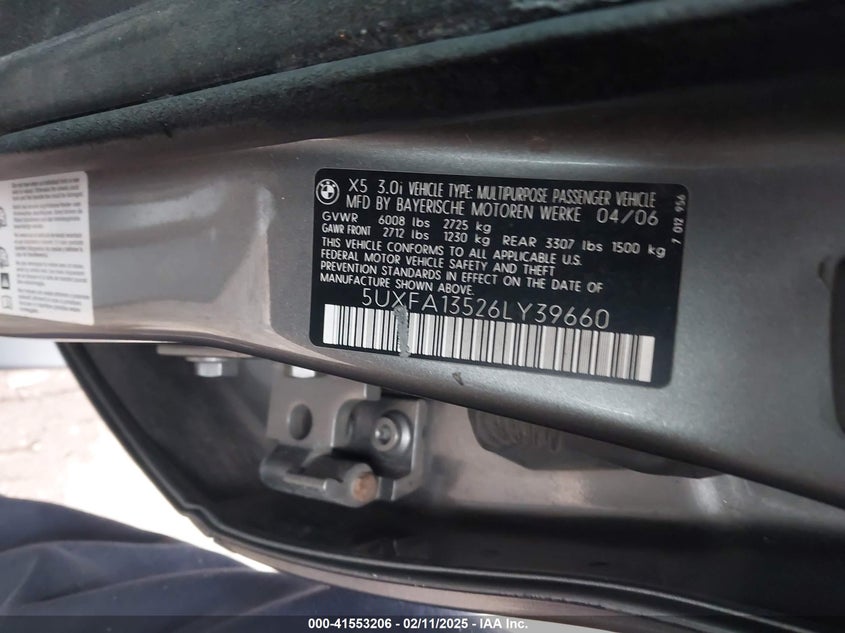 2006 BMW X5 VIN: 5UXFA13526LY39660