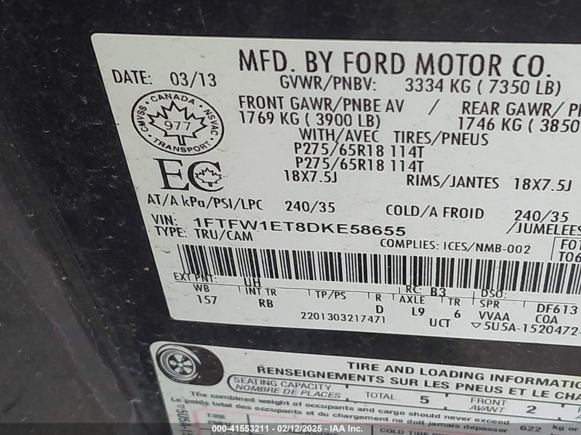 2013 FORD F150 VIN: 1FTFW1ET8DKE58655