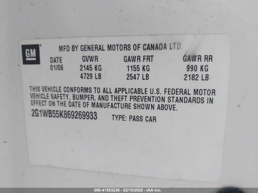 2006 CHEVROLET IMPALA VIN: 2G1WB55K869269933