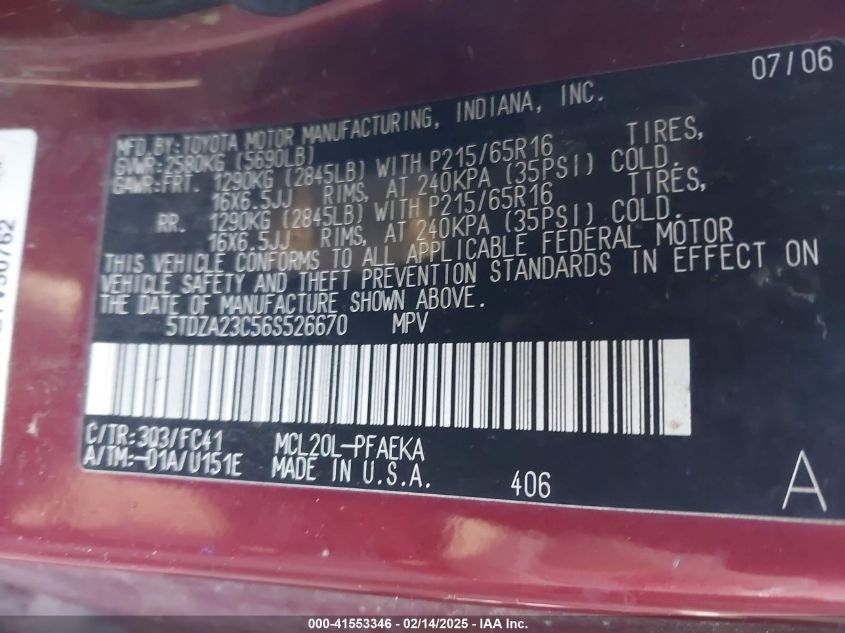 2006 Toyota Sienna Le VIN: 5TDZA23C56S526670 Lot: 41553346