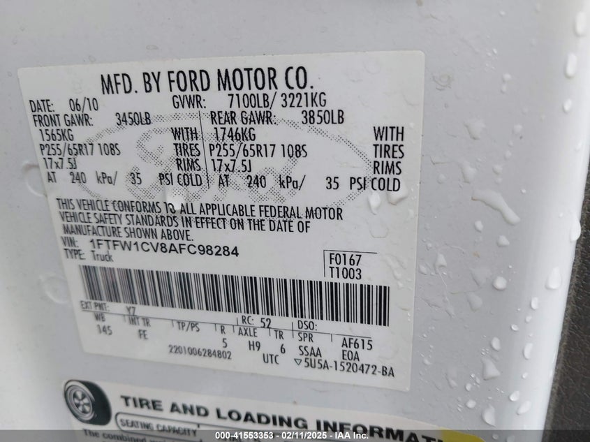 2010 FORD F-150 VIN: 1FTFW1CV8AFC98284