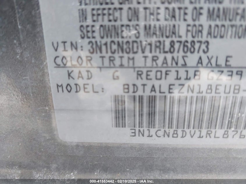 2024 Nissan Versa 1.6 S VIN: 3N1CN8DV1RL876873 Lot: 41553442