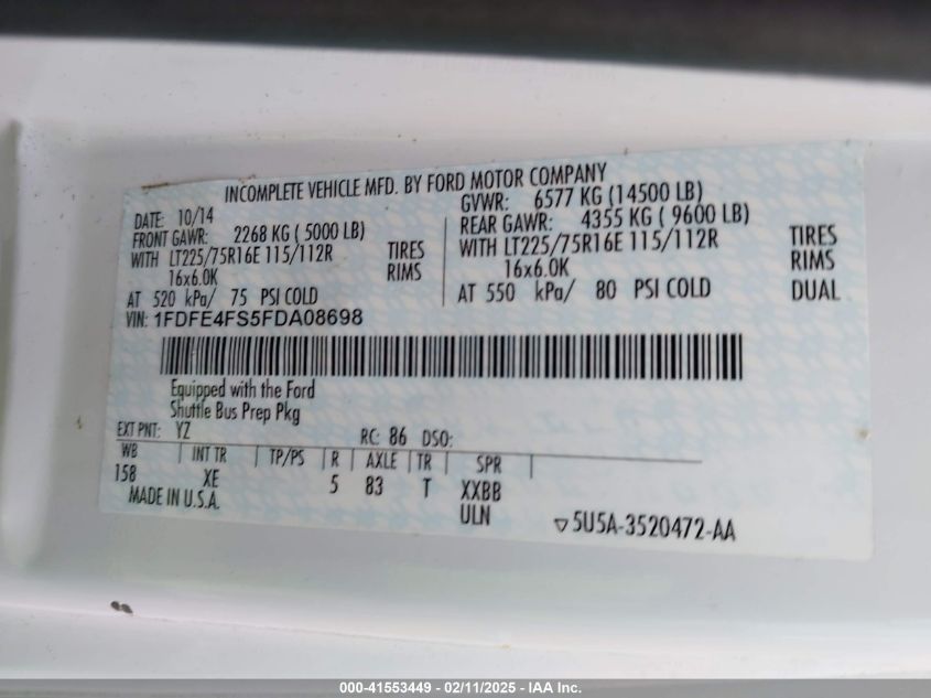 2015 Ford E-450 Cutaway VIN: 1FDFE4FS5FDA08698 Lot: 41553449