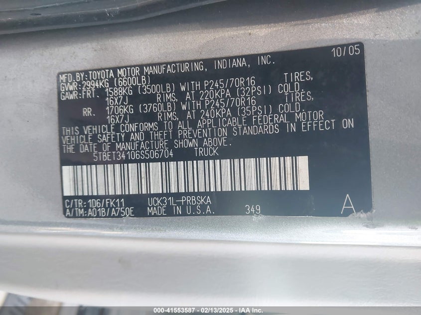 2006 TOYOTA TUNDRA VIN: 5TBET34106S506704