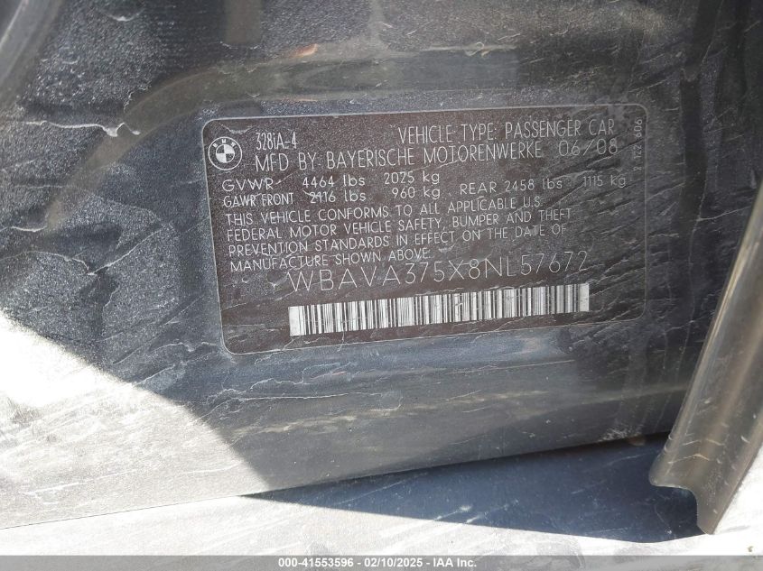 2008 BMW 328I VIN: WBAVA37588NL57072 Lot: 41553596