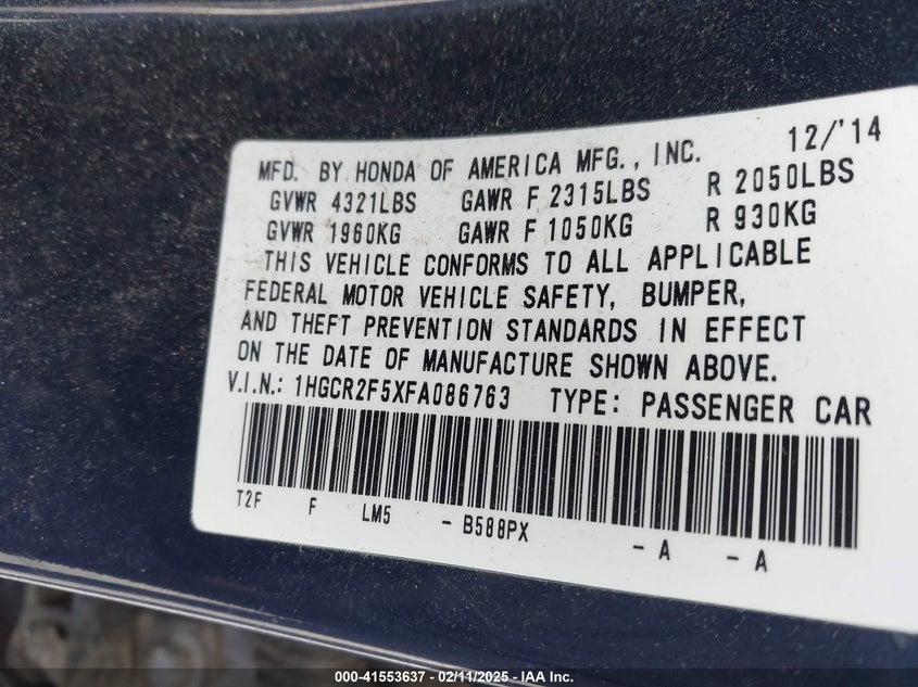 2015 HONDA ACCORD VIN: 1HGCR2F5XFA086763