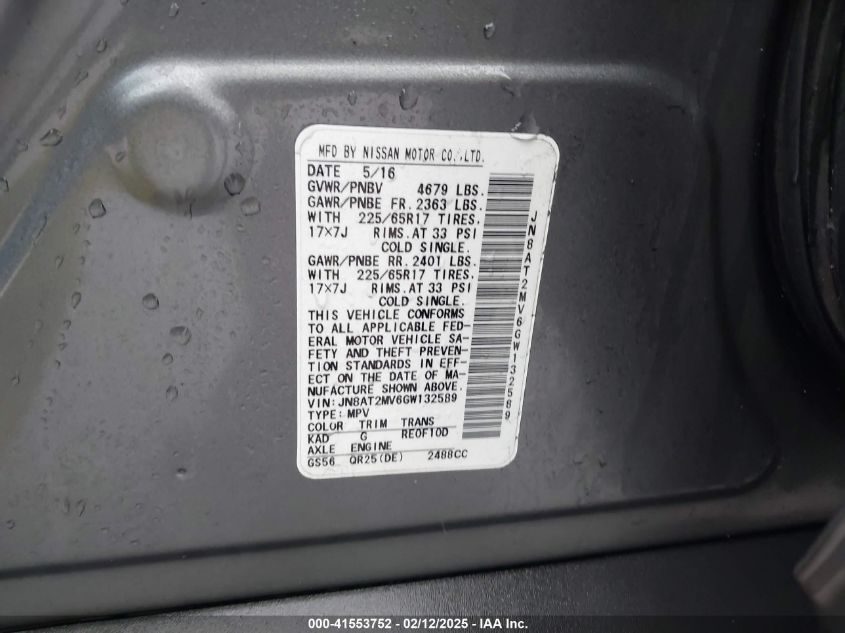 2016 Nissan Rogue Sv VIN: JN8AT2MV6GW132589 Lot: 41553752