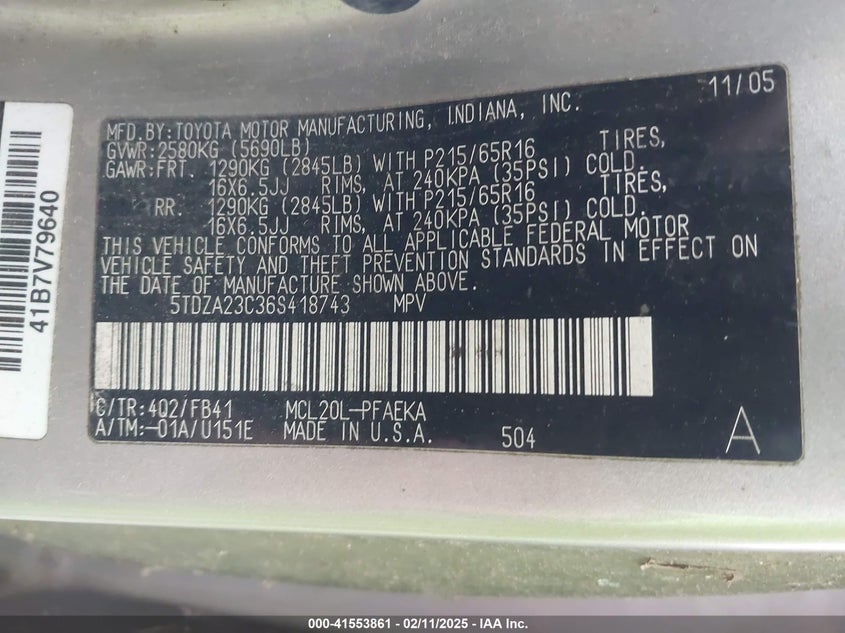 2006 TOYOTA SIENNA VIN: 5TDZA23C36S418743