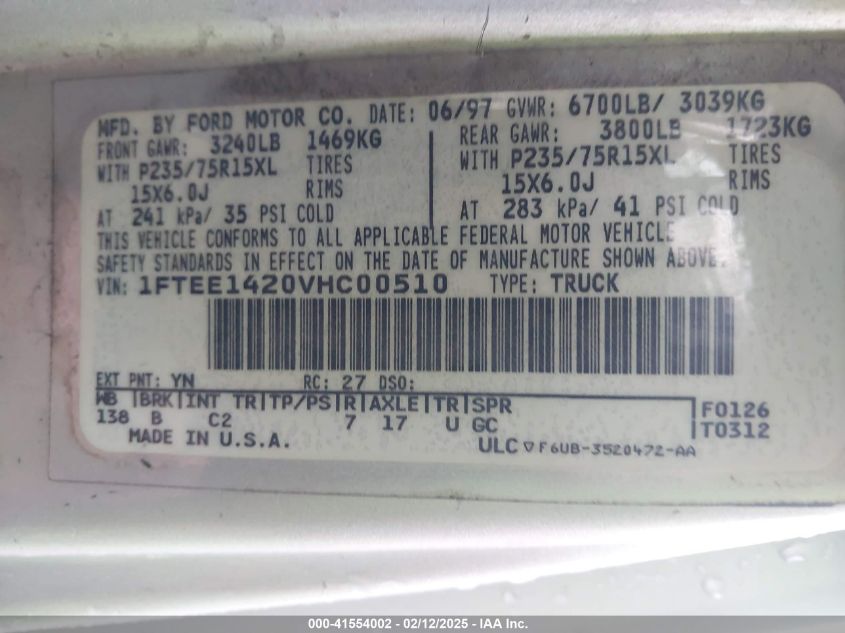 1997 Ford Econoline Van VIN: 1FCEE1420VHC00510 Lot: 41554002