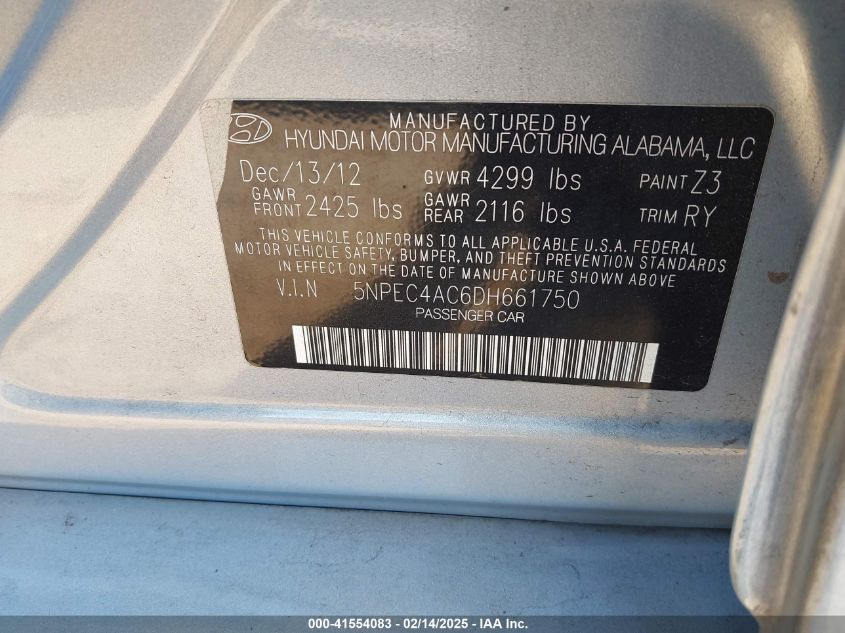2013 Hyundai Sonata Se VIN: 5NPEC4AC6DH661750 Lot: 41554083