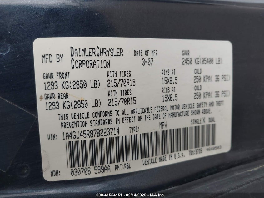 2007 CHRYSLER TOWN & COUNTRY VIN: 1A4GJ45R87B223714