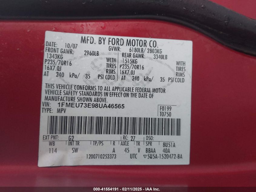 2008 Ford Explorer VIN: 1FMEY73E38UA46565 Lot: 41554191