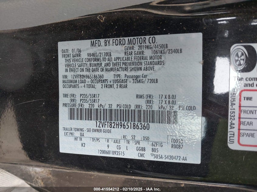2006 FORD MUSTANG VIN: 1ZVFT82H965186360