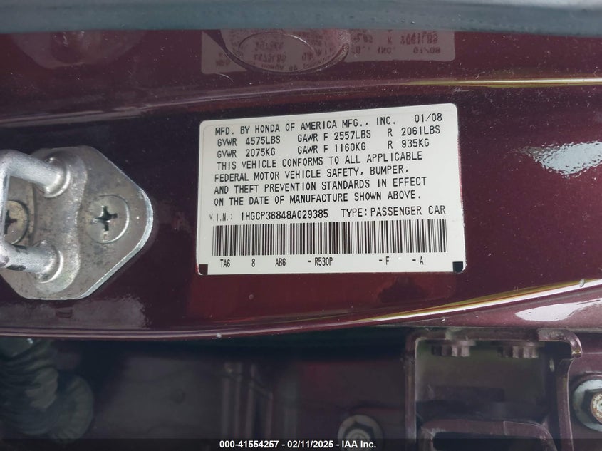 2008 HONDA ACCORD VIN: 1HGCP36848A029385