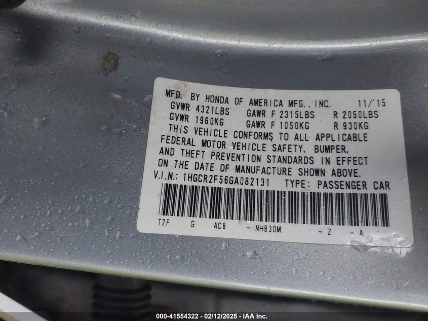 2016 HONDA ACCORD VIN: 1HGCR2F56GA082131