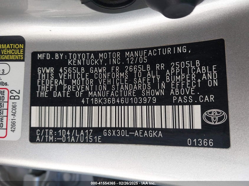 2006 TOYOTA AVALON VIN: 4T1BK36B46U103979