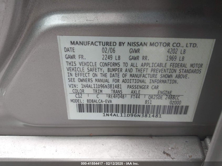 2006 NISSAN ALTIMA VIN: 1N4AL11D96N381481