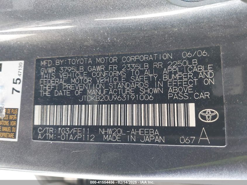 2006 Toyota Prius VIN: JTDKB20U963191006 Lot: 41554456