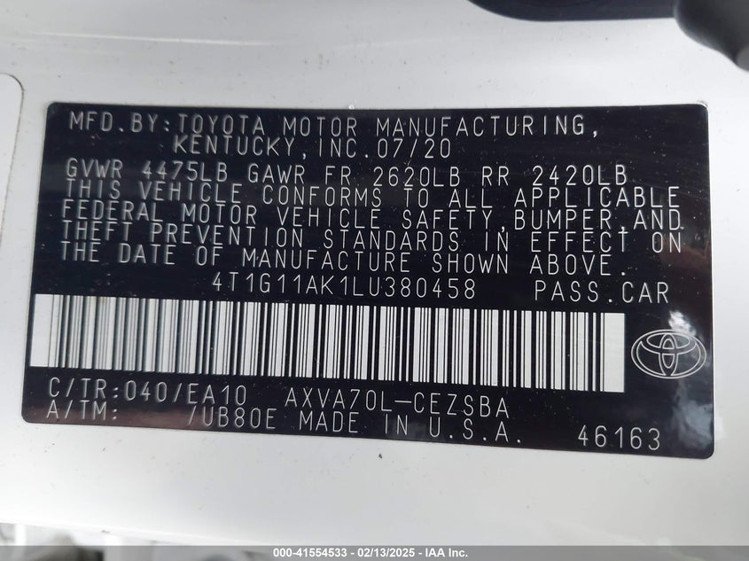 2020 TOYOTA CAMRY VIN: 4T1G11AK1LU380458