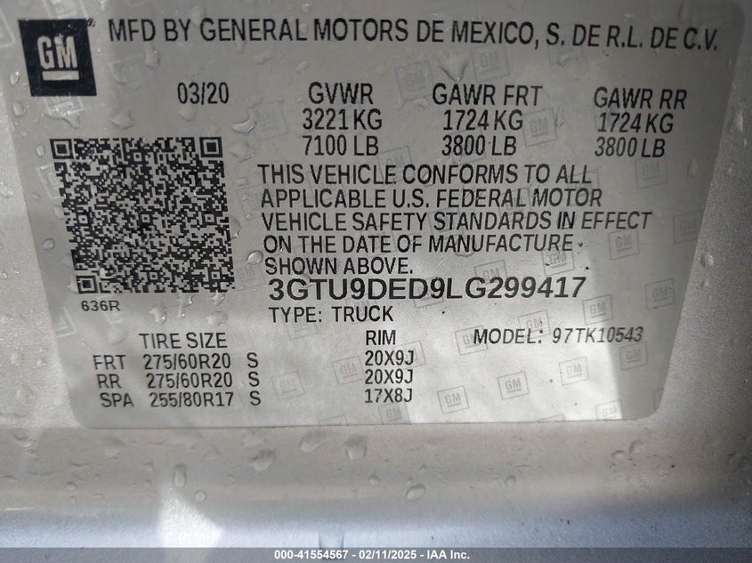 2020 GMC SIERRA 1500 VIN: 3GTU9DED9LG299417